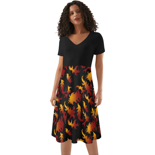 Abstract Flames Pattern Womens Black Ruffle Summer Dress