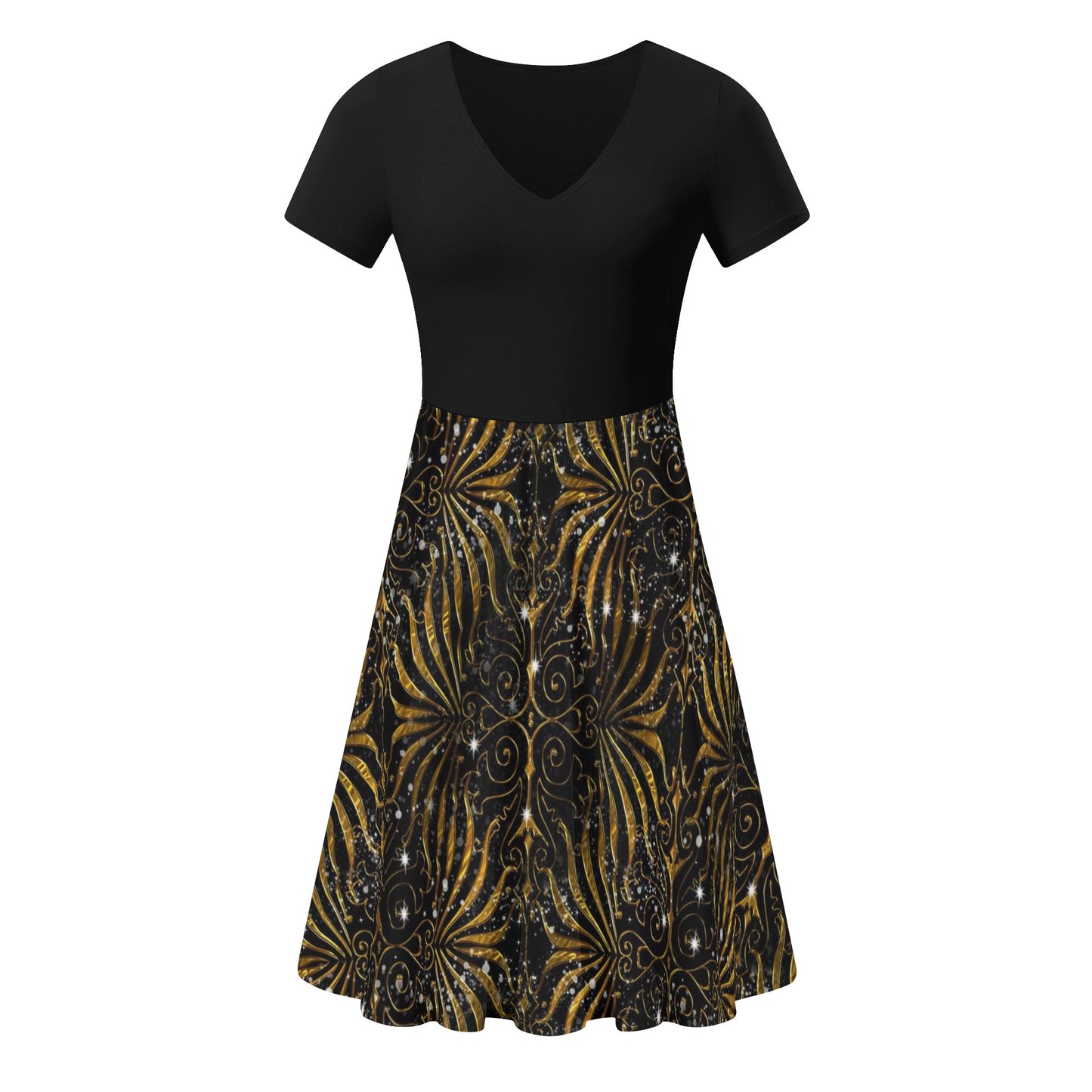 Black and Gold Victorian Sparkle Womens Black Ruffle Summer Dress
