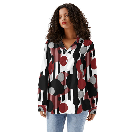 Black and White Stripes Red Dots Womens Long Sleeve Button Down Shirt