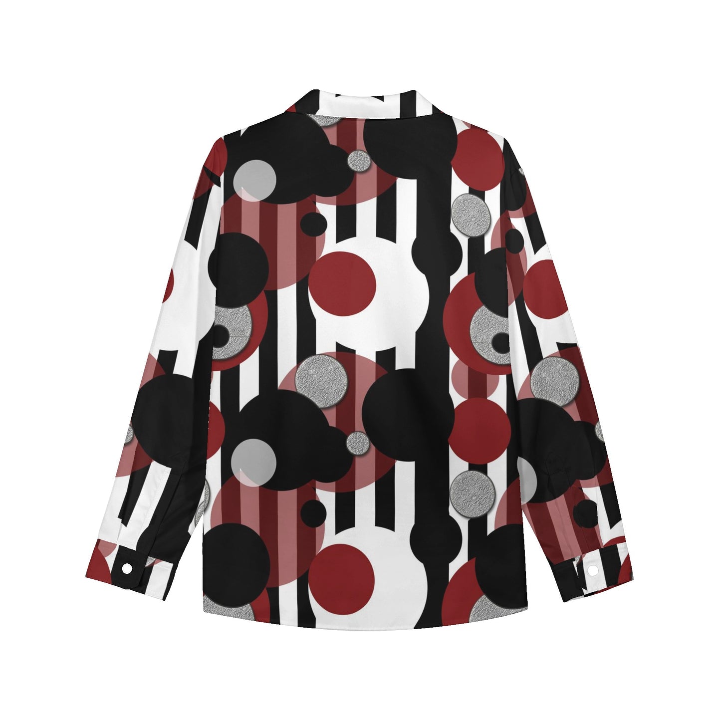 Black and White Stripes Red Dots Womens Long Sleeve Button Down Shirt