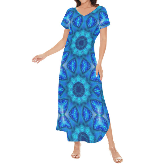 Blue Ocean Kaleidoscope Womens Short Sleeve Long Draped Dress
