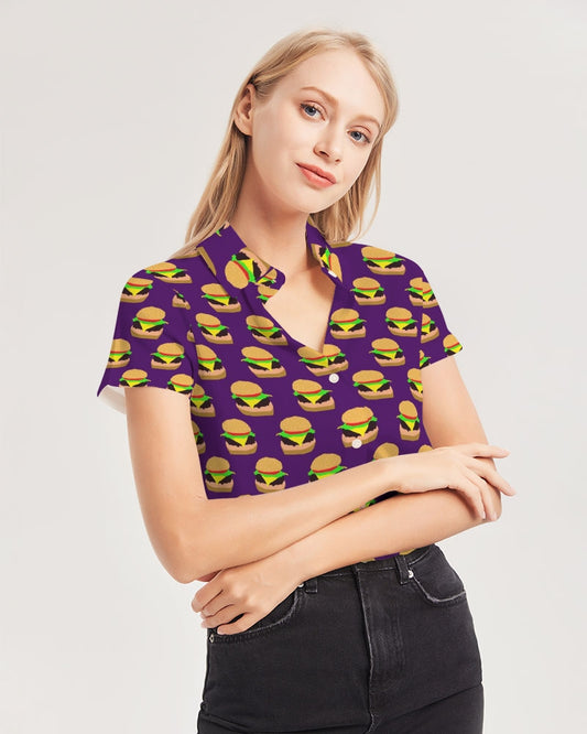 Cheeseburger Pattern Women's All-Over Print Short Sleeve Button Up