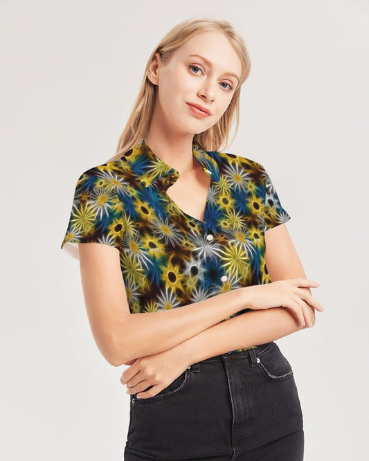 Blue and Yellow Glowing Daisies Women's All-Over Print Short Sleeve Button Up