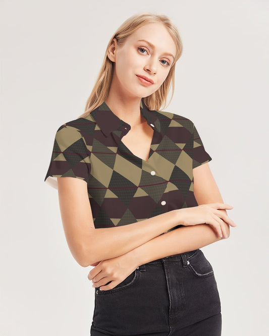 Checkered Brown Plaid Argyle Women's All-Over Print Short Sleeve Button Up