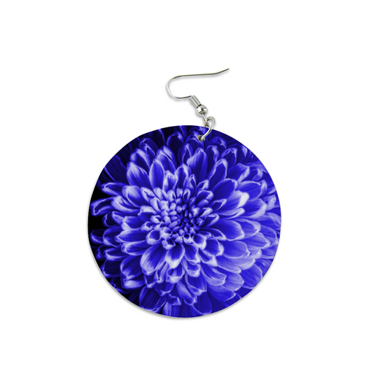 Blue Chrysanthemum Earrings Custom Geometric Round Wooden Earrings Ethnic Style