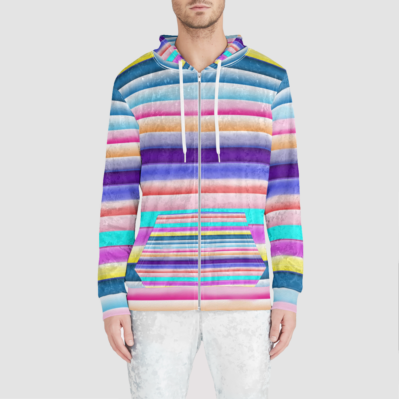 Cotton Candy Stripes Unisex Zip Relaxed Velvet Hoodie