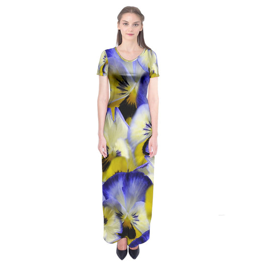 Blue and Yellow Pansies Short Sleeve Maxi Dress