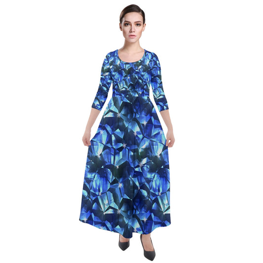 Blue Crystal Pattern Quarter Sleeve Maxi Velour Dress
