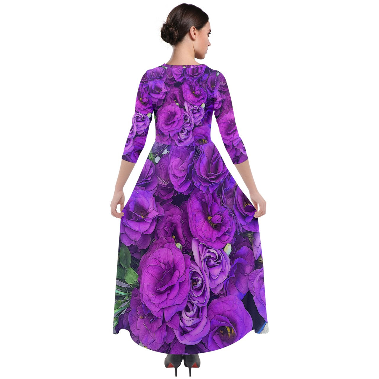 Purple Lisianthus Quarter Sleeve Maxi Velour Dress