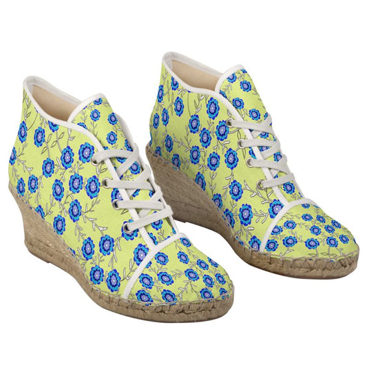 Blue Flowers ON Yellow Wedge Espadrilles