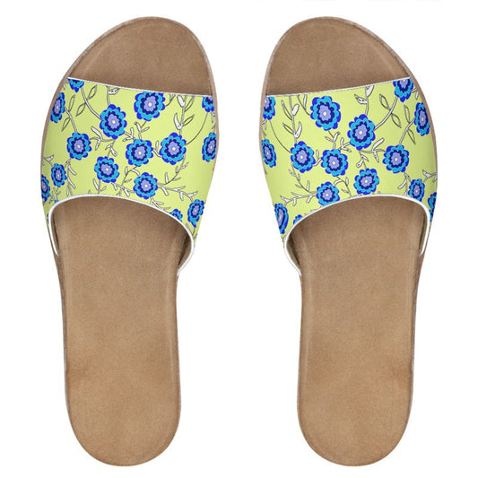 Blue Flowers on Yellow Leather Sliders