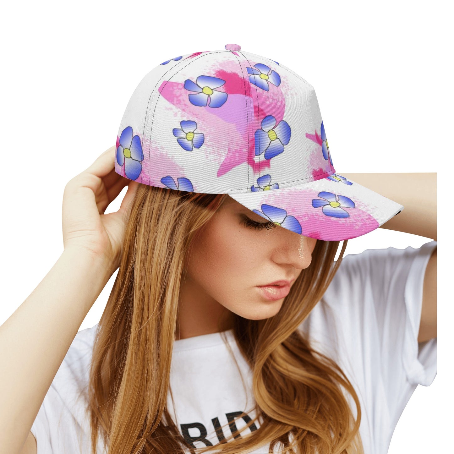 Blue Flowers On Pink All Over Printing Baseball Caps