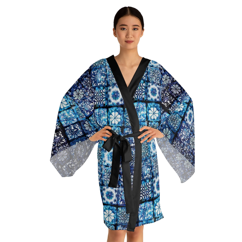 Blue Ice Crystals Motif Long Sleeve Kimono Robe