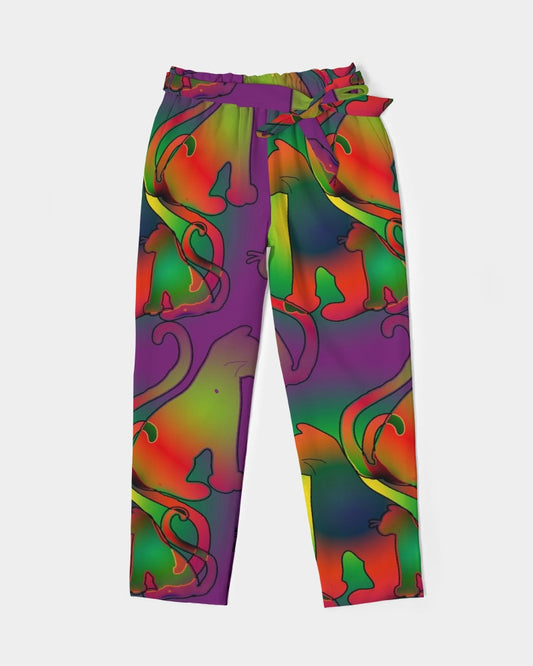 Abstract Rainbow Cats Pattern Women's Belted Tapered Pants