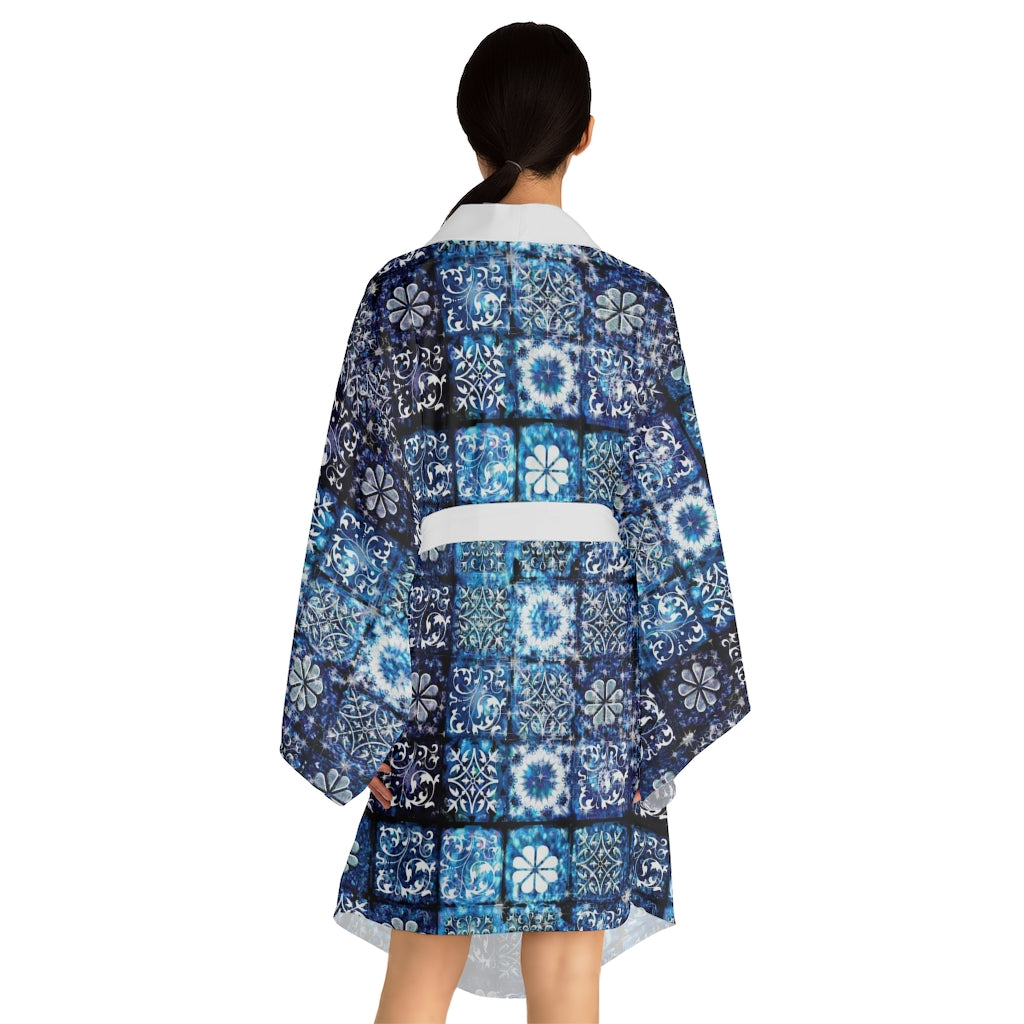 Blue Ice Crystals Motif Long Sleeve Kimono Robe