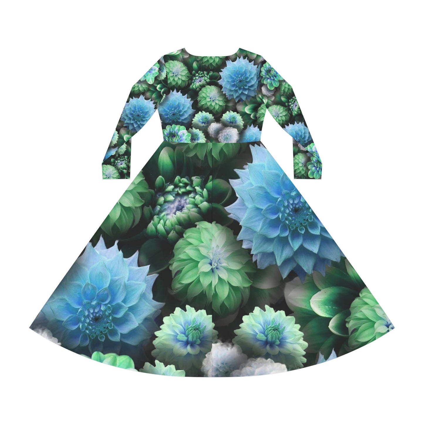 Blue Green Dahlias Collage Women's Long Sleeve Dance Dress (AOP)