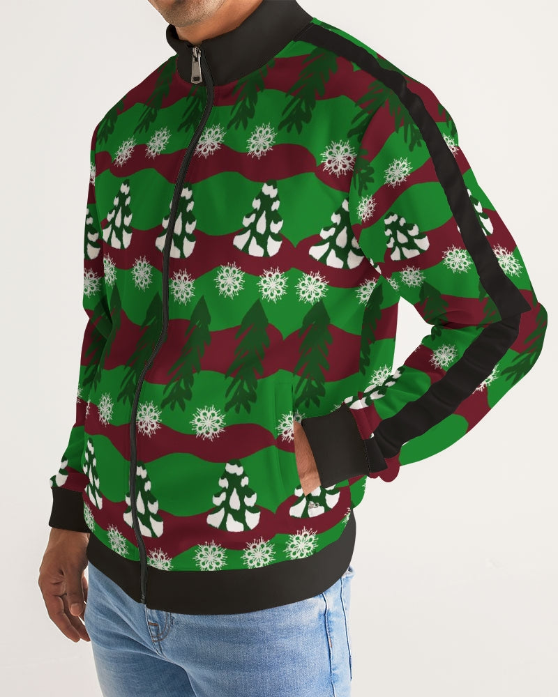 Snowy Evergreen Pattern Men's Stripe-Sleeve Track Jacket