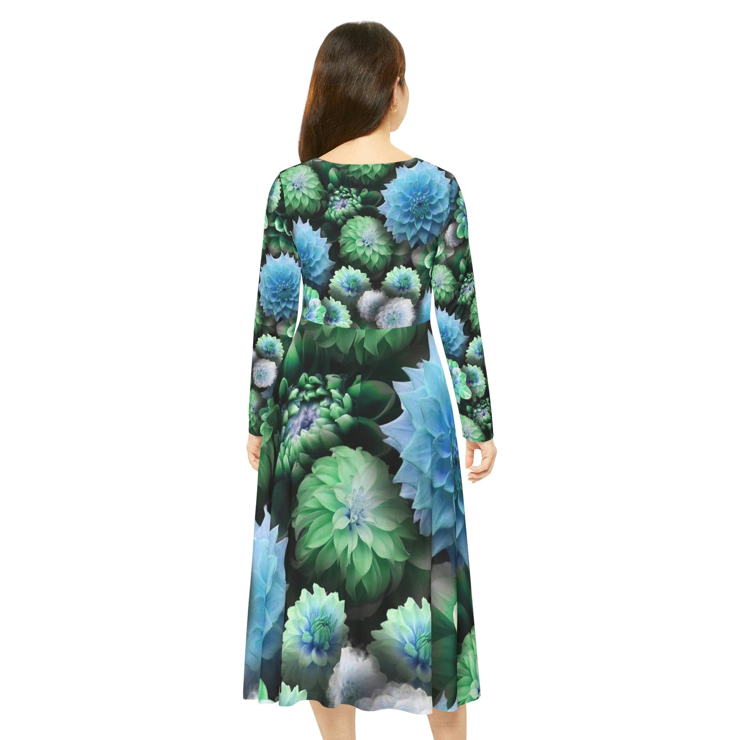 Blue Green Dahlias Collage Women's Long Sleeve Dance Dress (AOP)