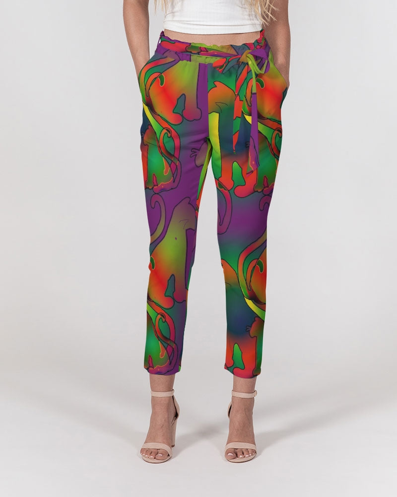Abstract Rainbow Cats Pattern Women's Belted Tapered Pants