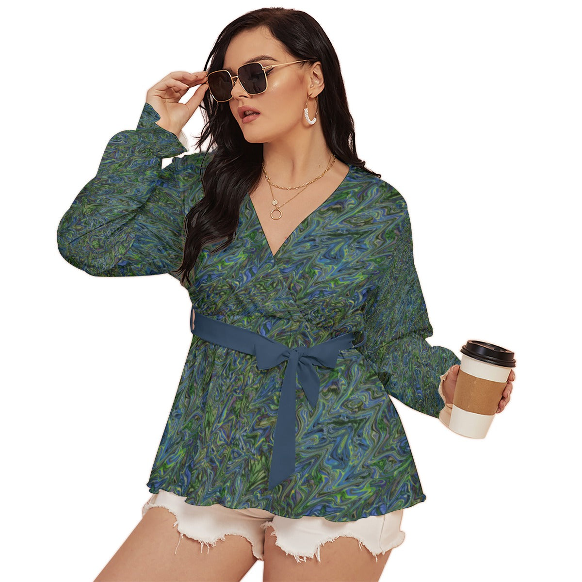 Blue Green liquid Marbling All-Over Print Women's V-neck T-shirt With Waistband (Plus Size)