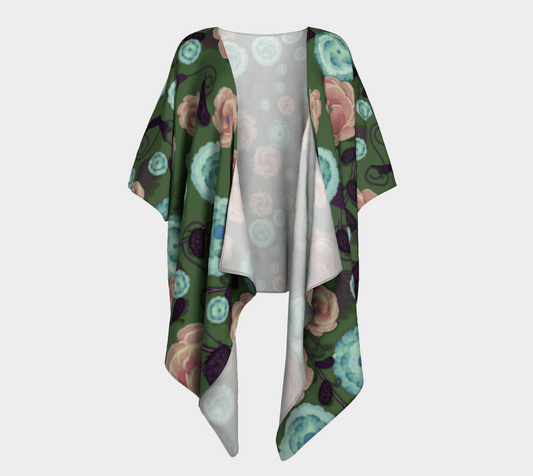 Earthy Peach and Turquoise Flower Pattern Draped Kimono