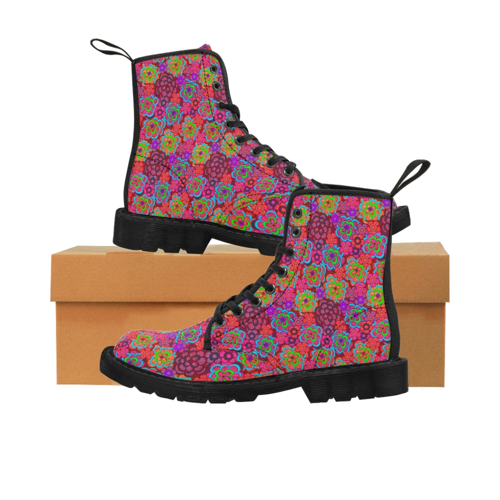 Pink Retro Flowers Women's Canvas Boots