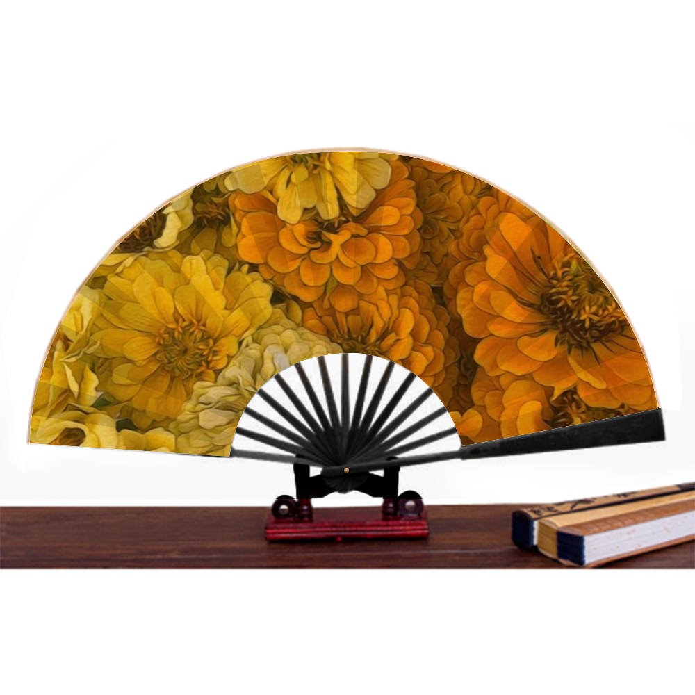 Yellow Zinnias Double-side Custom Spun Silk Fan Retro Hand-held Folding Fan
