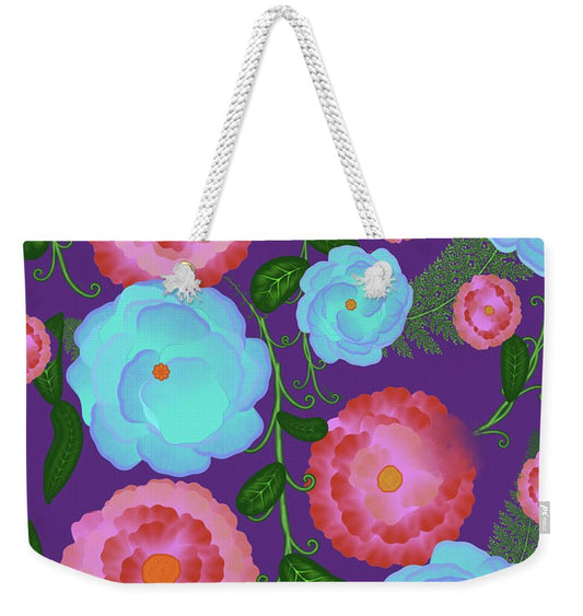 Pink and Blue Flowers On Purple - Weekender Tote Bag