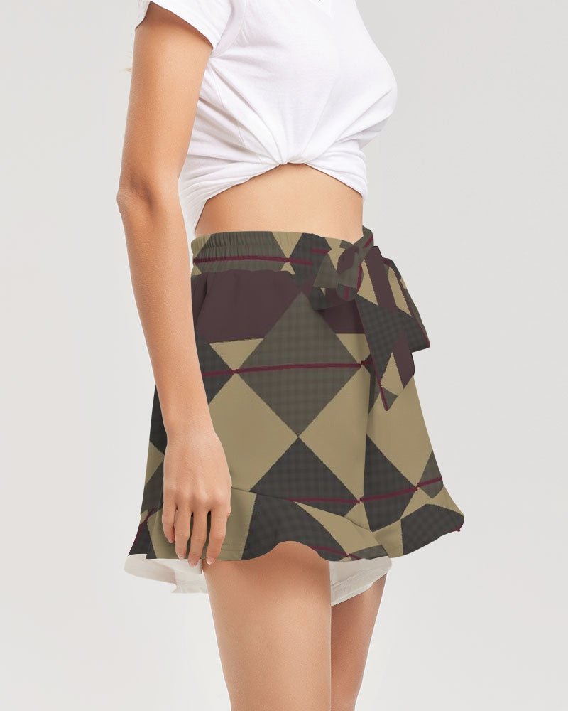 Checkered Brown Plaid Argyle Women's All-Over Print Ruffle Shorts