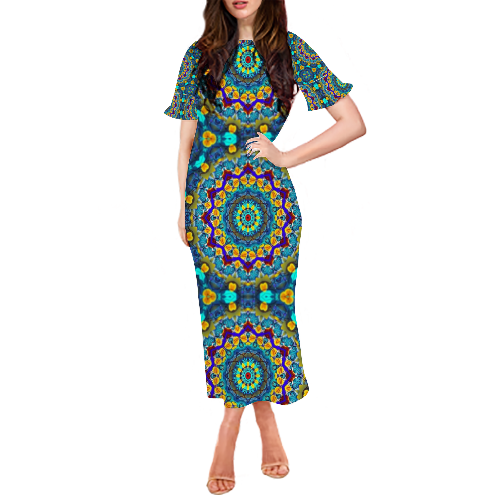 Blur Kaleidoscope Custom Lotus Leaf Short Sleeve Long Dress Women's Summer Fashion Dress