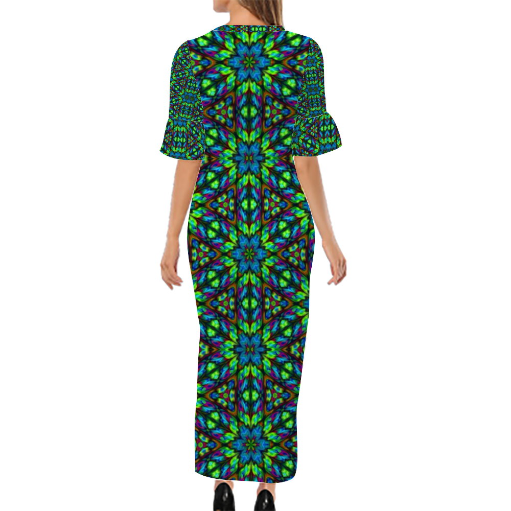 Blue Green Kaleidoscope Custom Lotus Leaf Short Sleeve Long Dress Women's Summer Fashion Dress