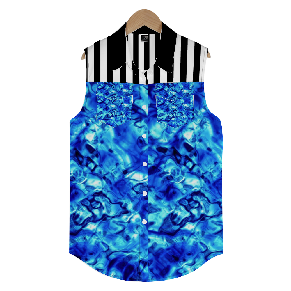 Water Stripes and Forgetmenots Custom Women's Sleeveless Shirt with Double Pockets Stylish Shirt