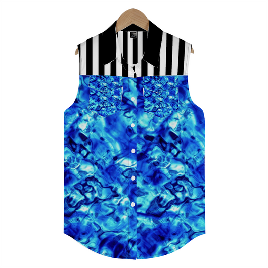 Water Stripes and Forgetmenots Custom Women's Sleeveless Shirt with Double Pockets Stylish Shirt