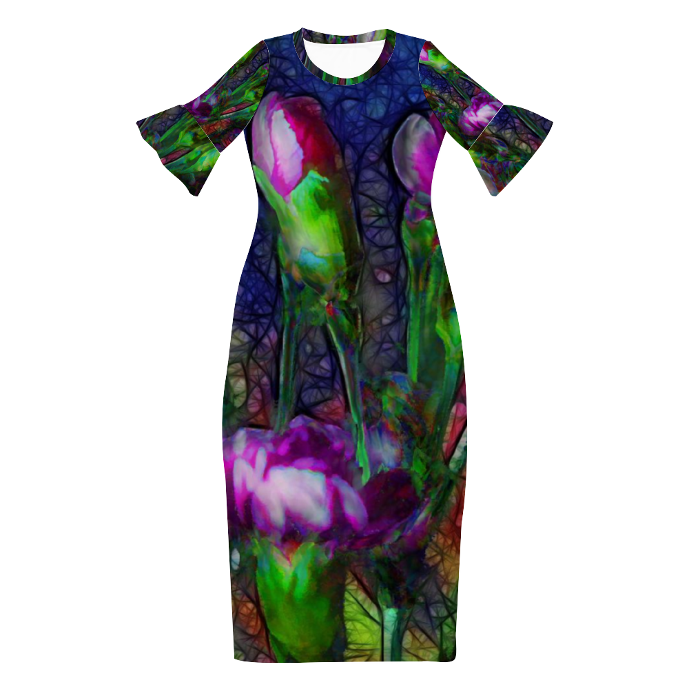 Abstract Pink Carnations Custom Lotus Leaf Short Sleeve Long Dress Women's Summer Fashion Dress