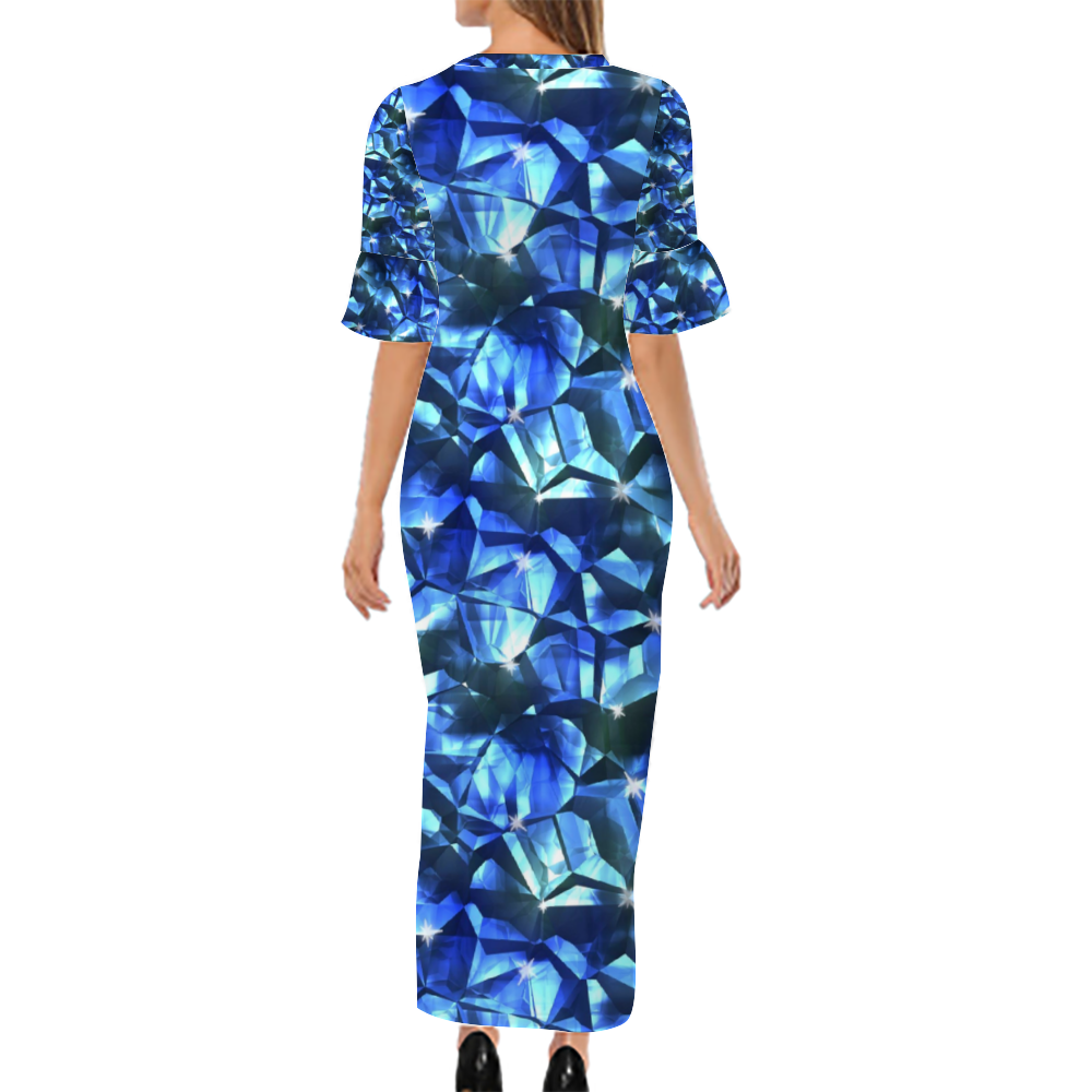 Blue Crystal Pattern Custom Lotus Leaf Short Sleeve Long Dress Women's Summer Fashion Dress