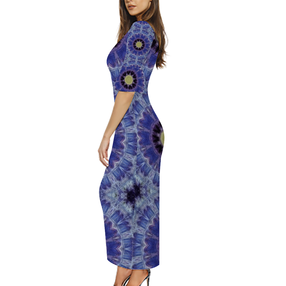 Blue Cathedral Kaleidoscope Custom Lotus Leaf Short Sleeve Long Dress Women's Summer Fashion Dress