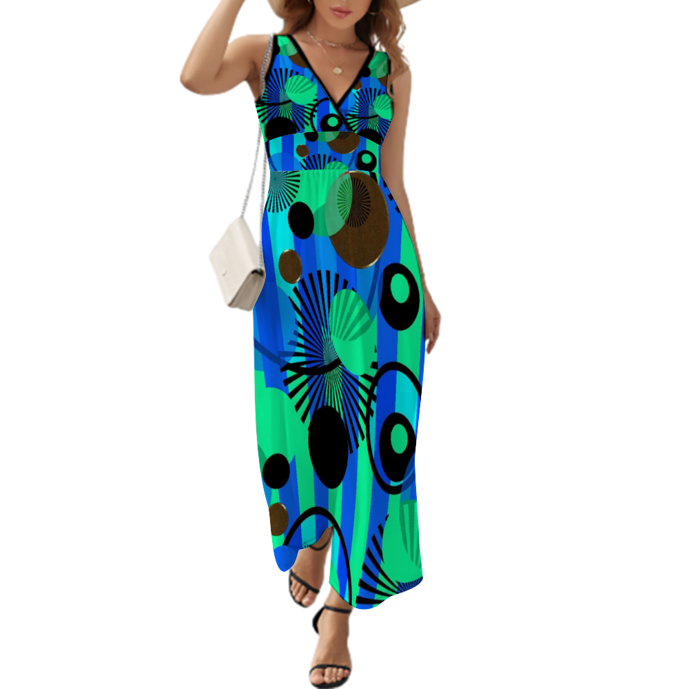 Blue Green Stripes and Dots Custom All Over Print Women's Sleeveless Dress Summer Fashion Long Skirts