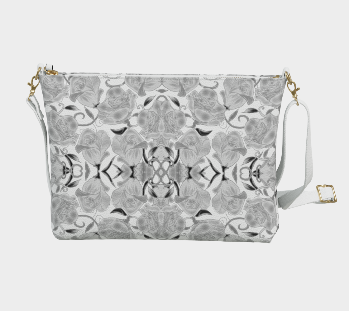 Gray Roses on White Vegan Crossbody Purse