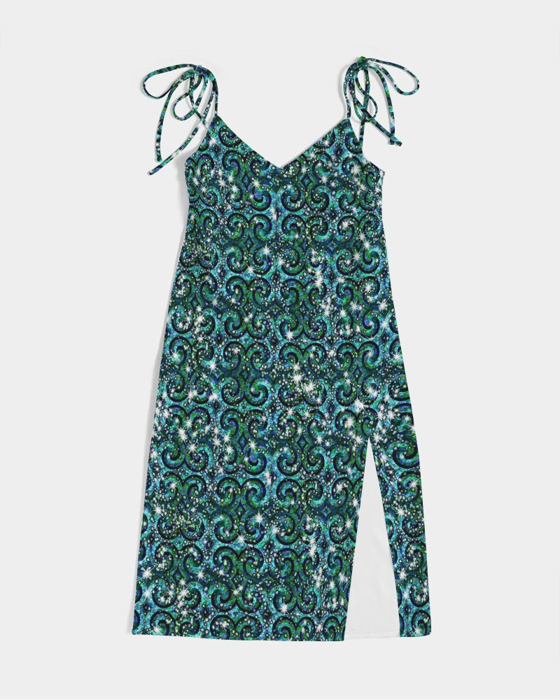 Blue Ice Sparkle Swirl Women's All-Over Print Tie Strap Split Dress