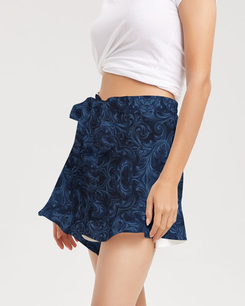 Blue Faux Velvet Kaleidoscope Women's All-Over Print Ruffle Shorts