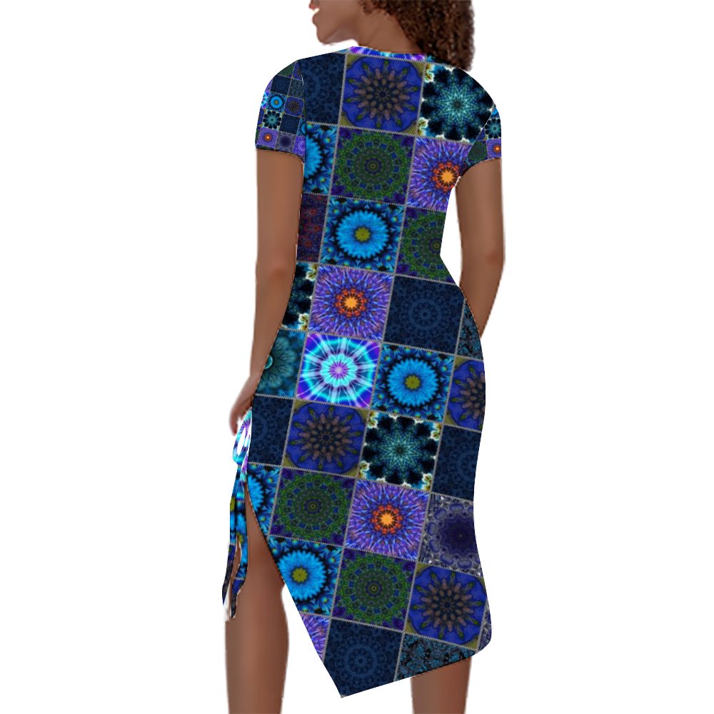 Blue Crazy Quilt Custom Women's Split Dress Summer Stylish Short Sleeve Dress