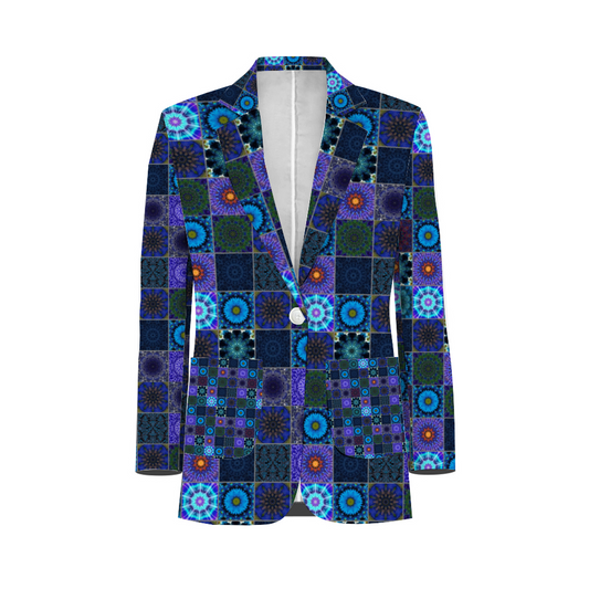 Blue Crazy Quilt All Over Print Men Casual Suit Blazer with Pockets Coat Fashion