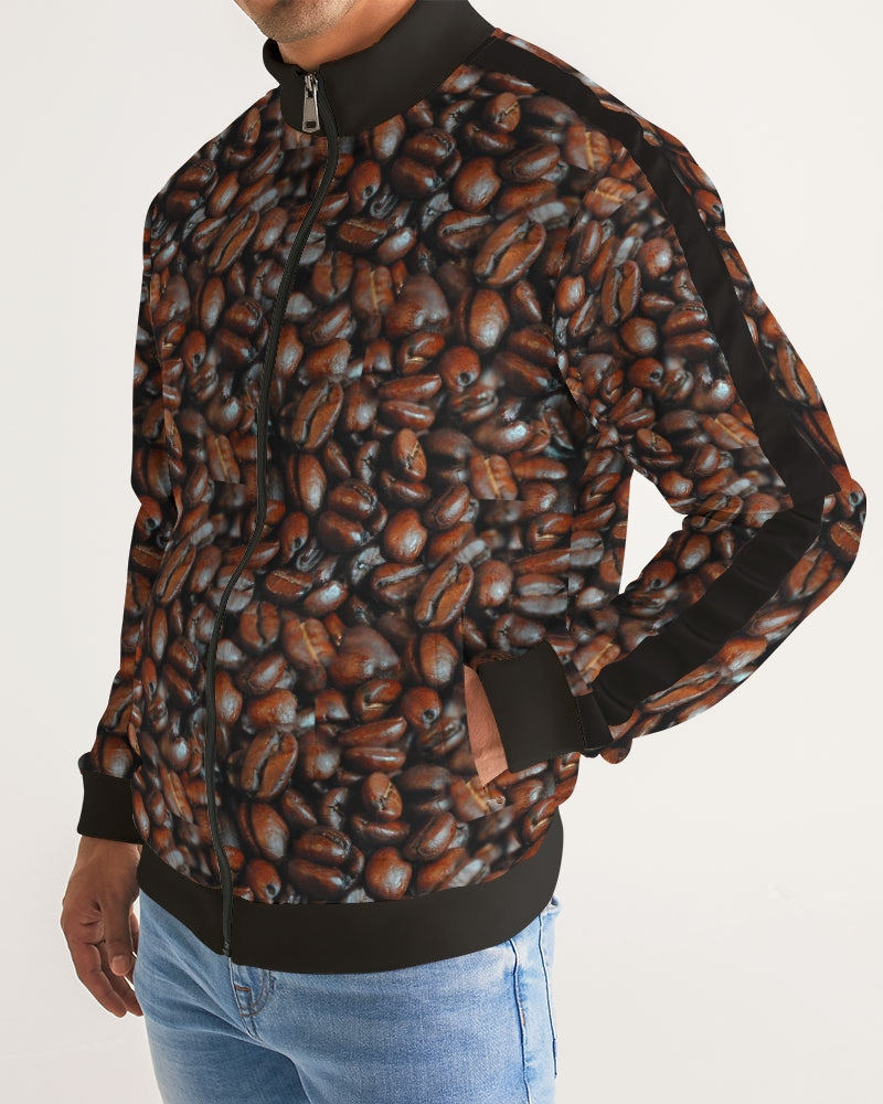 Coffee Bean Pattern Men's All-Over Print Stripe Sleeve Track Jacket