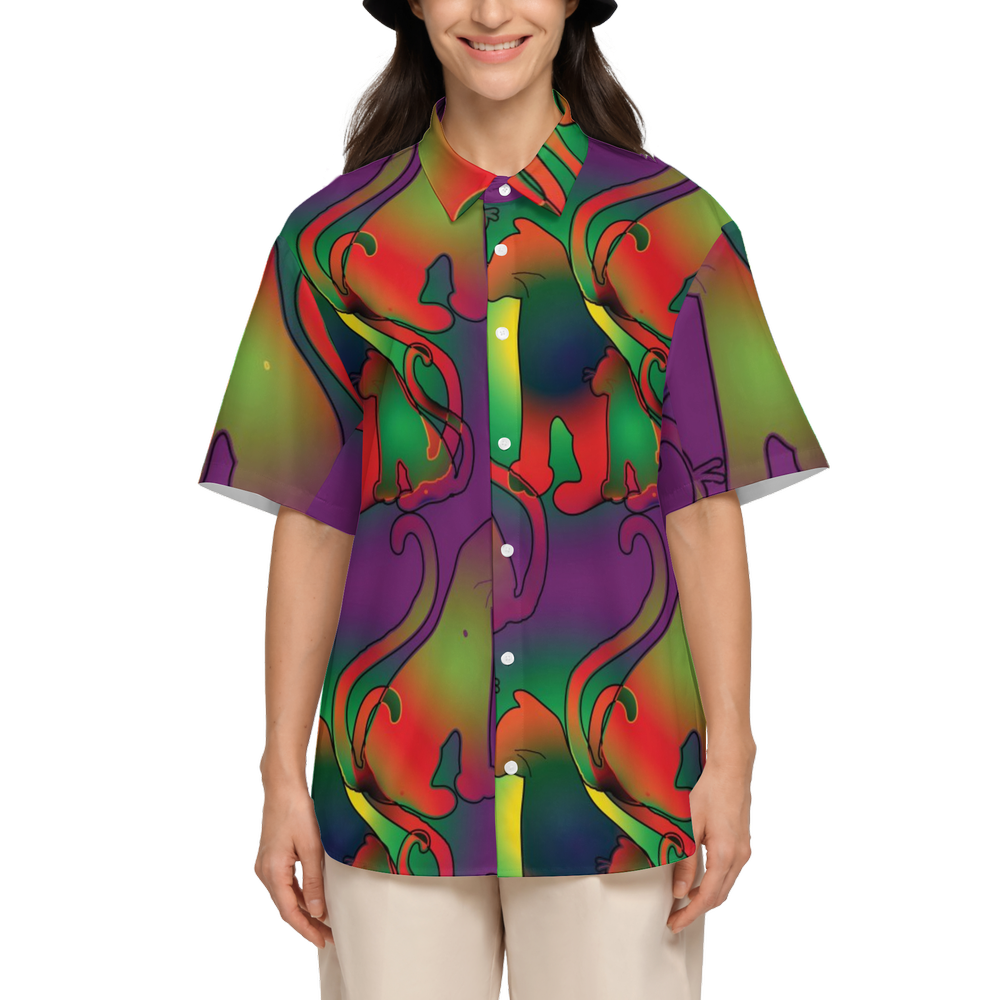 Abstract Rainbow Cats Women's Short-Sleeve Button-Up Shirt-Cotton Feel