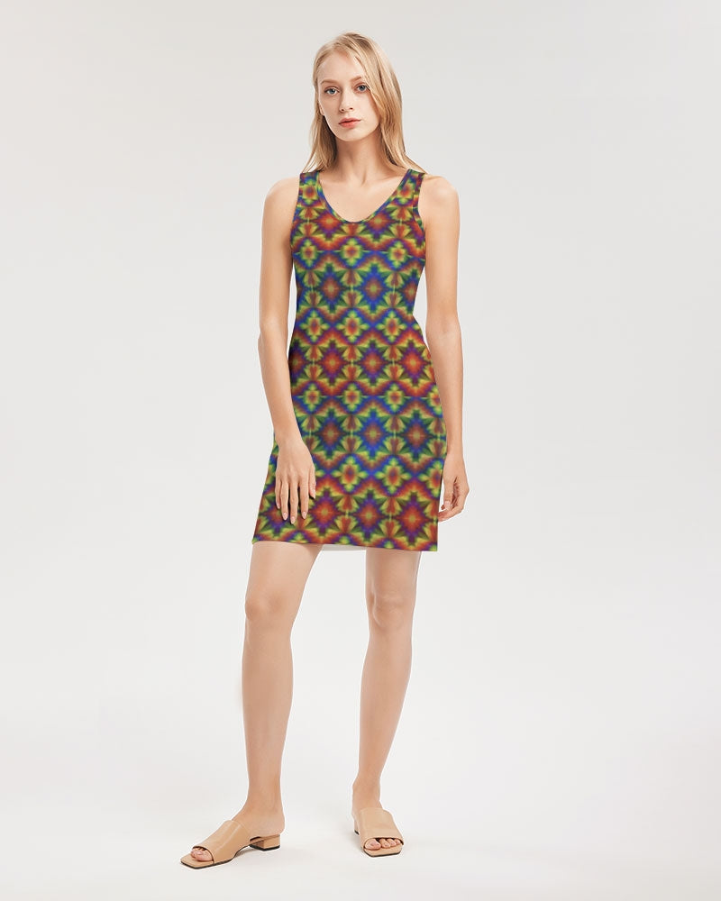 Carnival Kaleidoscope Women's All-Over PrintRib Knit V Neck Mini Dress