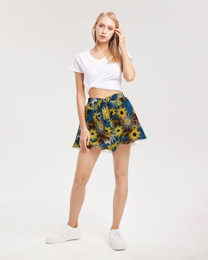 Blue and Yellow Glowing Daisies Women's All-Over Print Ruffle Shorts