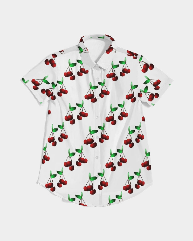 Cherries Pattern Women's All-Over Print Short Sleeve Button Up