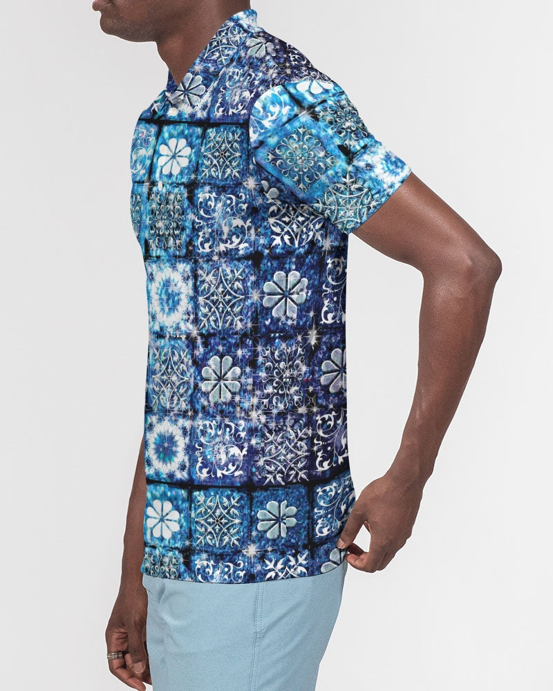 Blue Ice Crystals Motif Men's All-Over Print Slim Fit Short Sleeve Polo