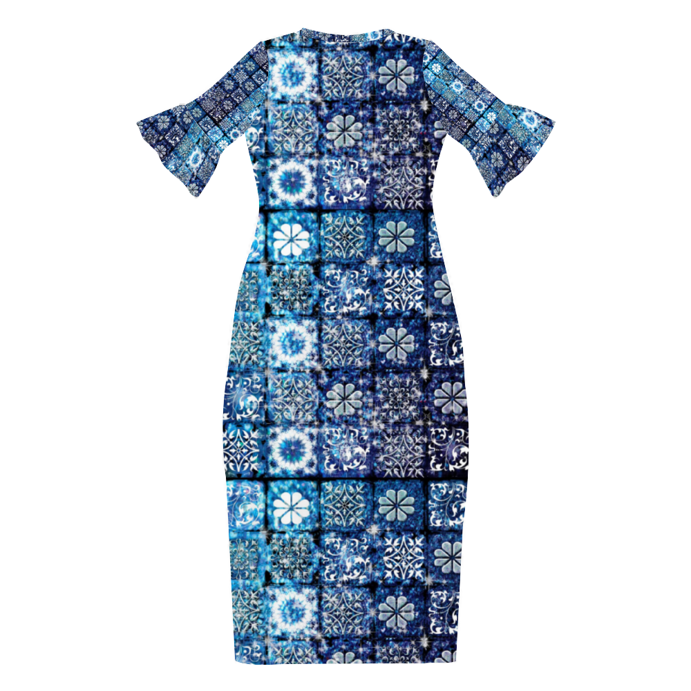 Blue Ice Crystals Motif Custom Lotus Leaf Short Sleeve Long Dress Women's Summer Fashion Dress