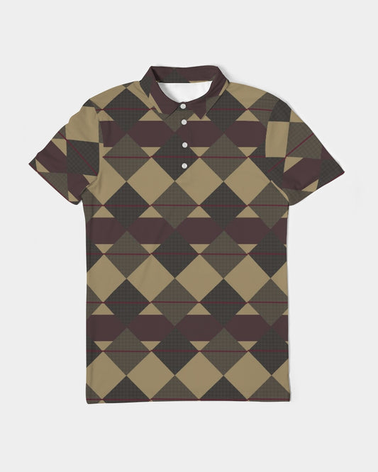 Checkered Brown Plaid Argyle Men's All-Over Print Slim Fit Short Sleeve Polo